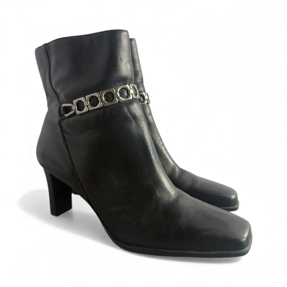 MARKON Tansy Black Leather Silver‎ Chain Square Toe Moto Ankle Boots Size 8M